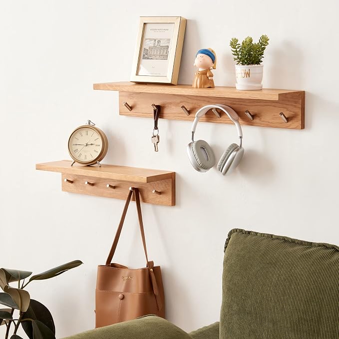 Coat Rack Shelf Wall Mounted Oak Wood Entryway Shelf with 6 Hooks Wall Coat Hook Rack with Floating Shelf for Bedroom, Living Room, Kitchen (Natural, 27.5 inch)