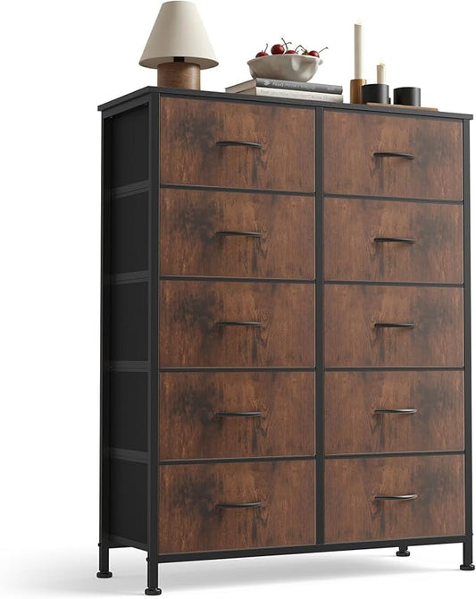 OLIXIS 10 Drawer Tall Dresser with Fabric Bins for Bedroom, Fabric Storage Tower Organizer for Closet Living Room Hallway, Double Chest of Drawers with Steel Frame Wood Top,Black-Brown