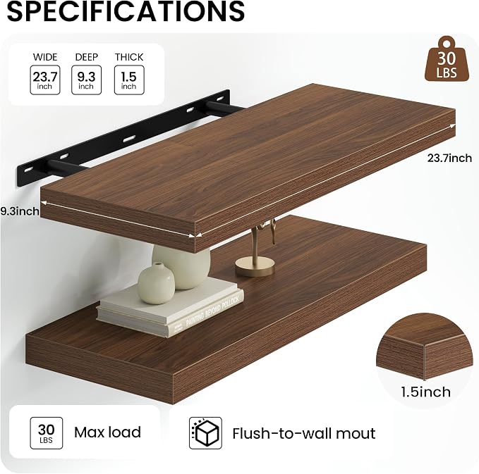 Heimlove 24 Inch Floating Shelves for Wall Walnut Shelves Set of 2,Wall Mounted Rustic Wood 9.3 Inch Deep Floating Shelf with Invisible Brackets for Bedroom Kitchen Living Room