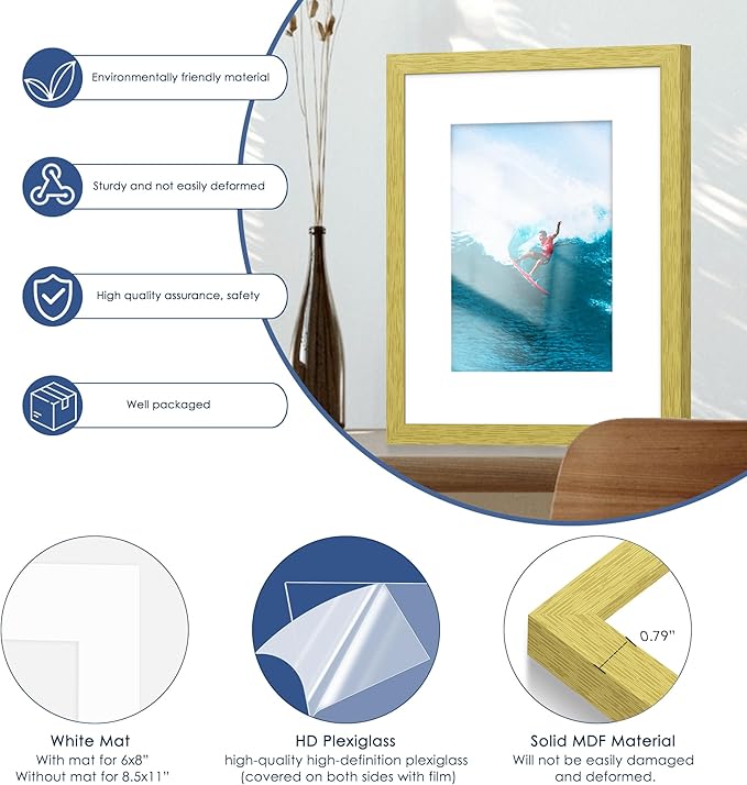 PEALSN 8x10 Picture Frame Set of 6, Display Pictures 5x7 with Mat or 8x10 Without Mat for Wall Mounting or Table Top Display, Photo Frames Collage for Wall Decor, Gold