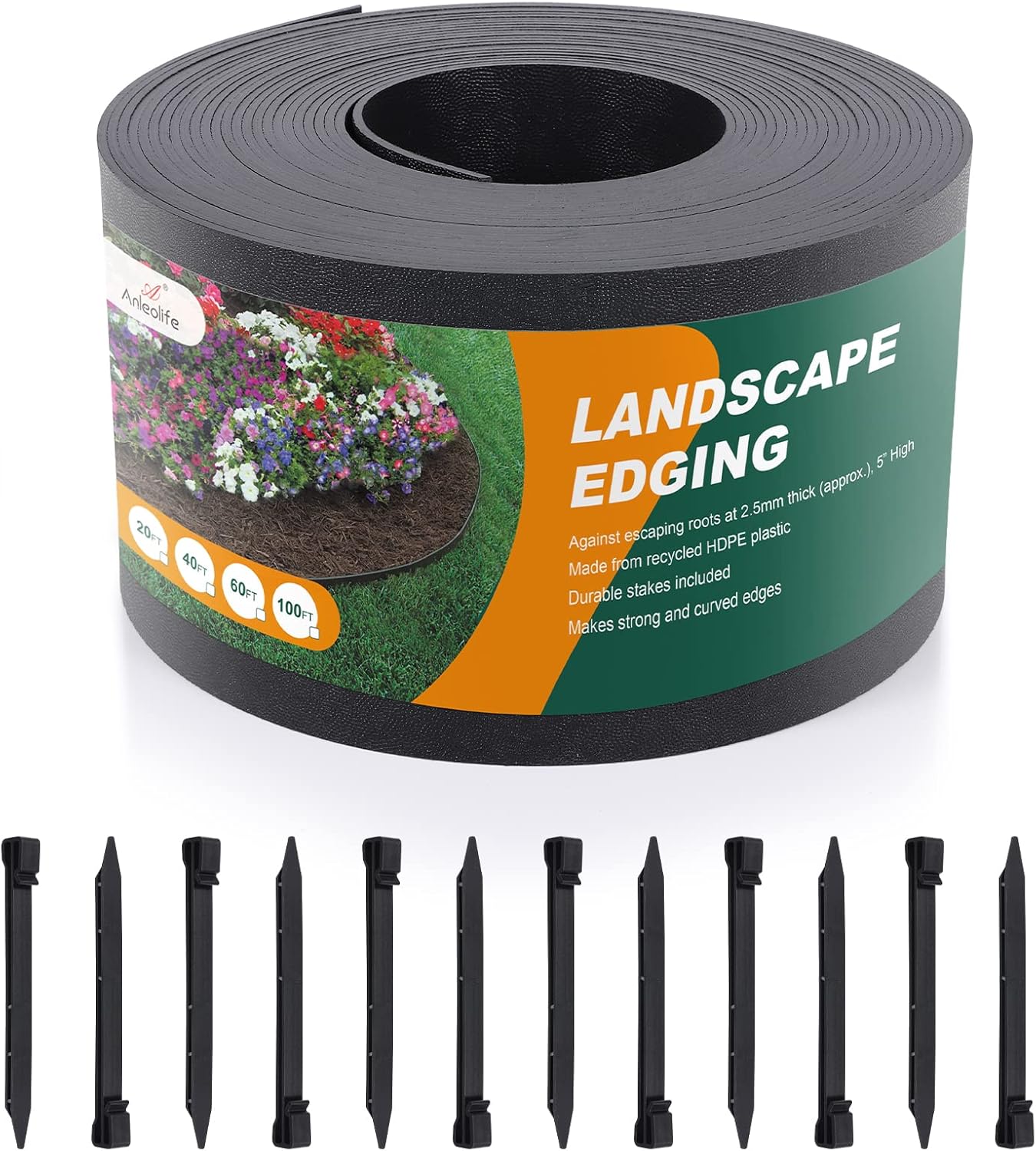 Black Plastic Garden Landscape Edging, 5” Tall Border Coil, Flexible and Strengthened with Anti-UV Treatment (20ft with 6pcs Stakes)