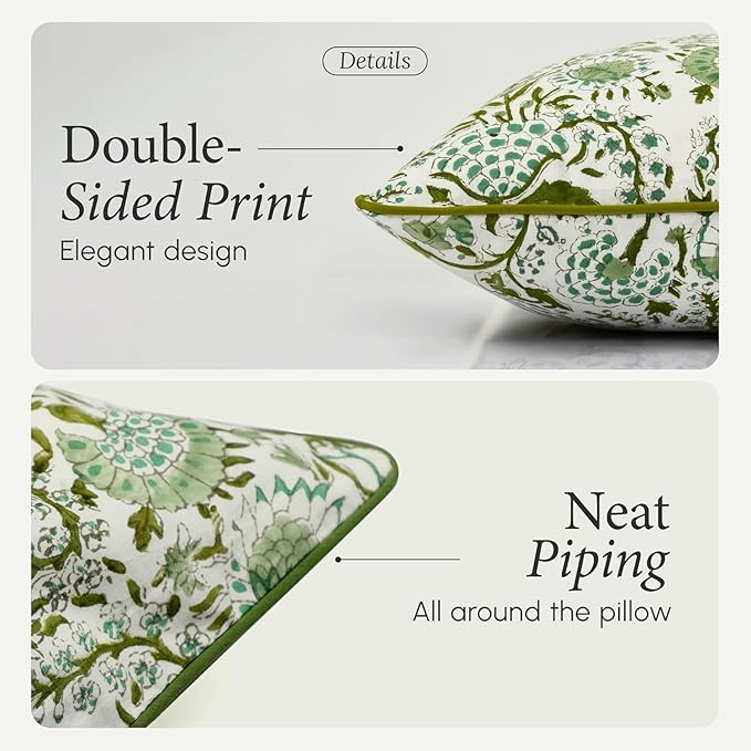 CPC 100% Cotton Throw Pillow Covers 16X16 Green Block Print Pattern Couch Pillow, Cute Boho Decorative Pillows for Living Room, Bedroom with Hidden Zipper- Agate Green