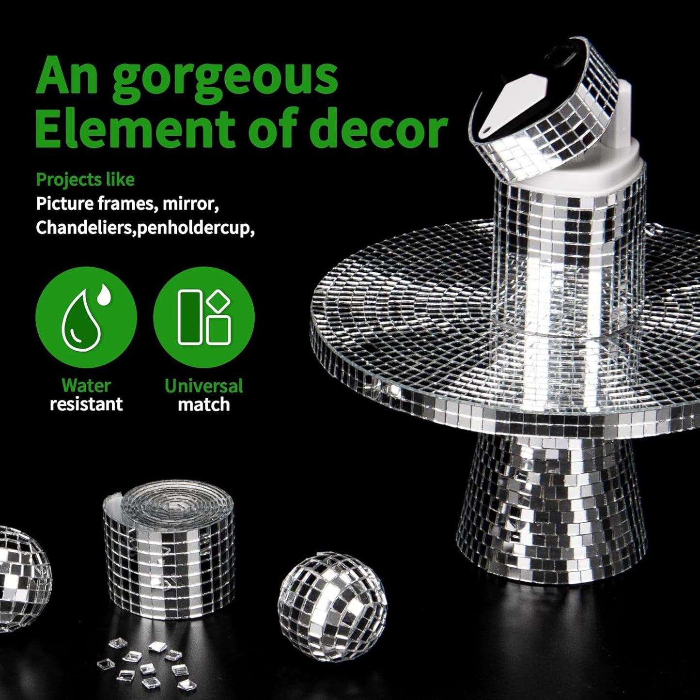 LONGKING 2364 Pieces Self-Adhesive Mirror Tiles, Square Mirror Stickers Mosaic Tiles, Glass DIY Craft Decoration, Disco Ball Tiles(Silver)