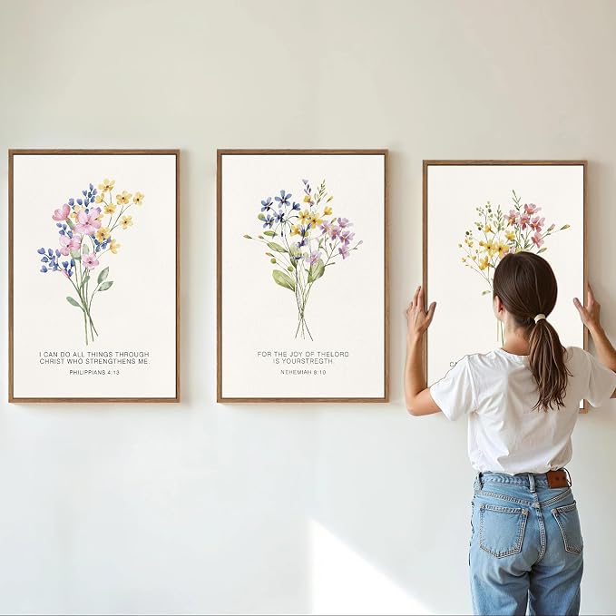 KYLESONLIE Christian Scripture Floral Framed Canvas Wall Art Set, Wildflower Bible Verse Posters Wall Decor, Religious Faith Art Paintings for Living Room Bedroom Dining Room Office Church 16"x24"x3