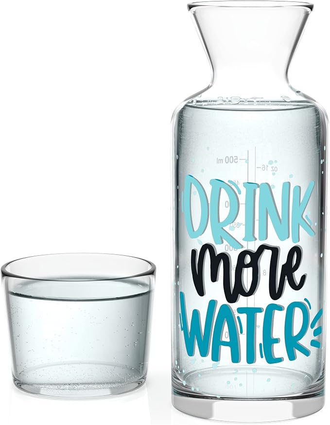RAKLE Bedside Water Carafe & Glass Cup Set, 700cc 24oz Nightstand Decanter for Bedroom Kitchen Office, Glass Carafe Set for Home, Motivational Sayings