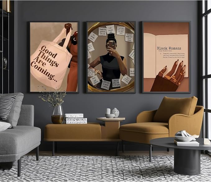Black Girl Wall Art African American Woman Canvas Wall Decor Black Female Wall Art Fashion Women Poster Feminine Boho Pictures Abstract Paintings for Bedroom Bathroom 24x36 Inch Unframed Set of 3