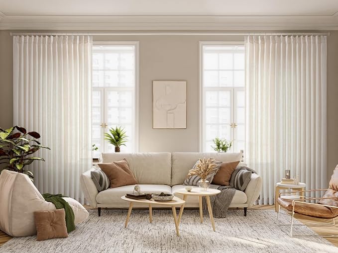 Vision Home Natural Pinch Pleated Semi Sheer Curtains Textured Linen Blended Light Filtering Window Curtains 120 inch for Living Room Bedroom Patio Pinch Pleat Drapes with Hooks 1 Panel 84" Wx120 L