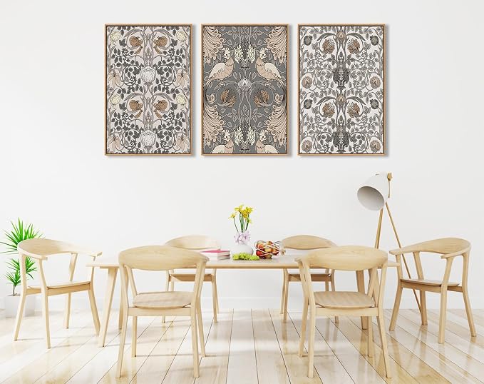 Large Retro Framed Wall Art - Natural Float Framed Vintage Flowers Canvas William Morris Painting Pictures Rustic Floral Pattern Prints Artwork for Living Room Bedroom Office Decor 48" X 24" Set of 3