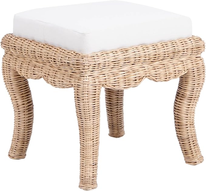 JONATHAN Y Rowan Woven Rattan Vanity Stool with White Cushion, 18.5" Coastal Backless Makeup Chair for Bedroom & Bathroom, Natural Mango Wood Wicker Ottoman Footrest VSL1000A