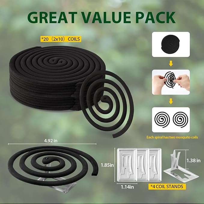KICKOUTOR® Mosquito Repellent Coils, Each DEET Free Citronella Incense Burns for 5-7 Hours, Keep Flying Bugs Away from Outdoor Patio Camping Backyard Room (20 Coils & 4 Stands)