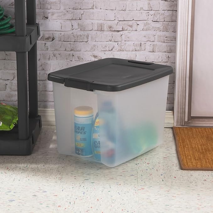 Sterilite 6-Pack ShelfTote, Clear Plastic Storage Bins with Lids, 50 Quart, Gray - Stackable Organizing Container Boxes for Closet, Bathroom, and Office