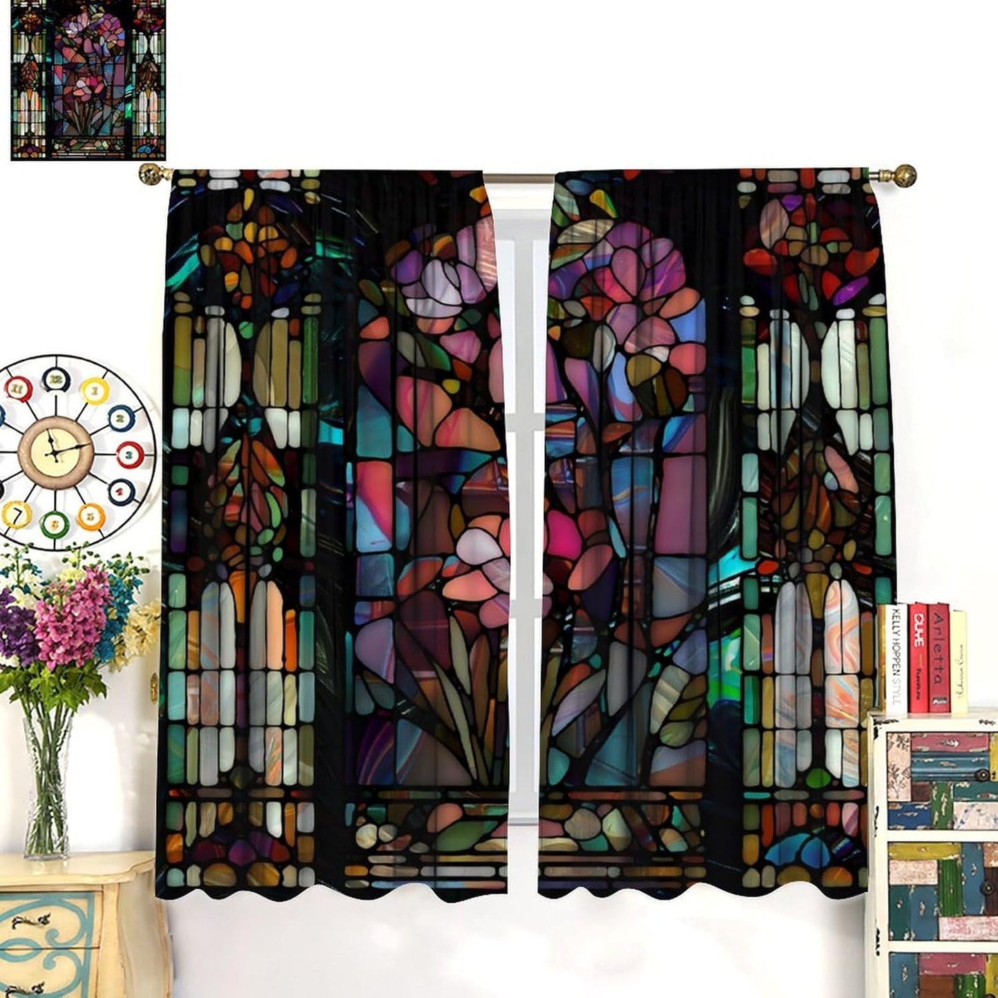 Stained Glass Curtains,Vintage Colorful Abstract Art Home Decor Drapes for Bedroom Living Room Kitchen Window Treatment 2 Panels Set Total Size 55" W X 63" L Inch