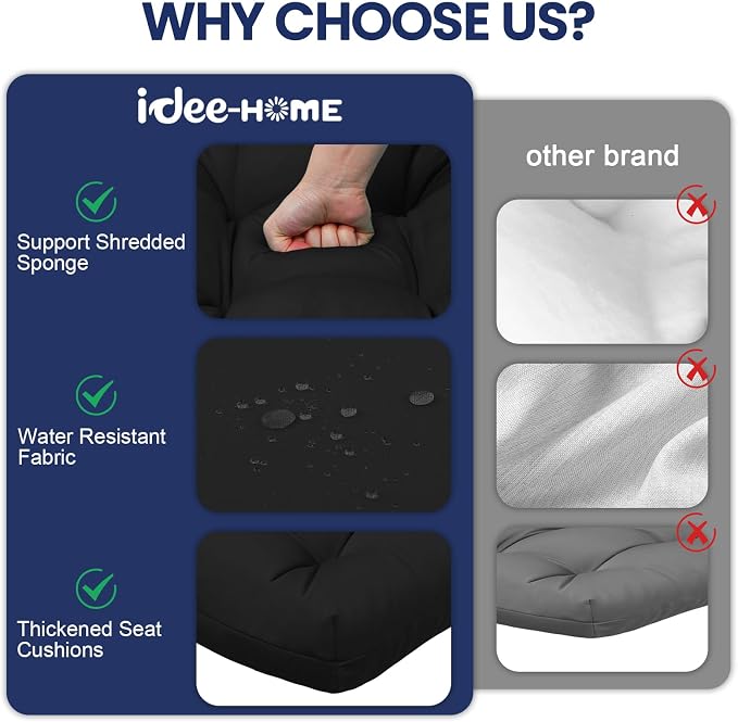 idee-home Outdoor Chair Cushions Set of 4, Patio Seat Cushions | Tufted Thick 19 x 19 x 5 Inch Cushions for Outdoor Furniture Waterproof with Ties, Dining Pads Dark Cerulean