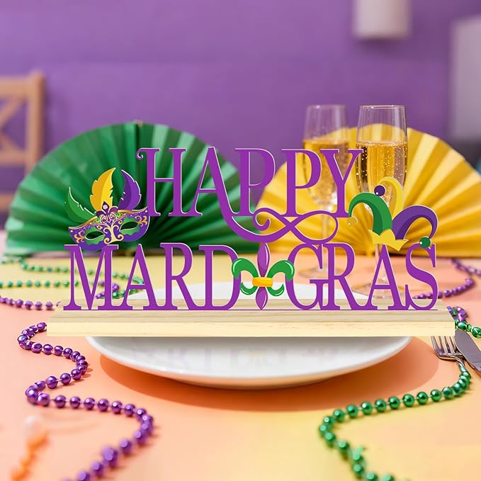 Happy Mardi Gras Metal Table Sign, Mardi Gras Table Decoration Centerpiece, Metal Letter Sign with Wooden Base, Holiday Tabletop Decor for Home, Office, Mantel, Party Supplies