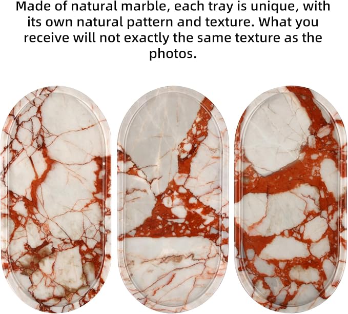 Oval Marble Bathroom Vanity Tray, Natural Luxury Marble Home Kitchen Bathroom Table Tray, Stone Decorative Countertop Tray for Coffee Perfume Jewelry (Calacatta Red, 12" x 6" x 0.8")
