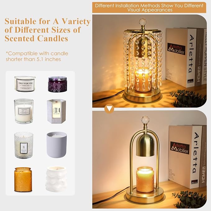 Gold Candle Warmer Lamp with Timer and Dimmer - Electric Candle Warmer,Crystal Candle Lamp for Bedroom Decor,Flameless Scented Candle Light Warmer,House Warming Gift New Home for Women