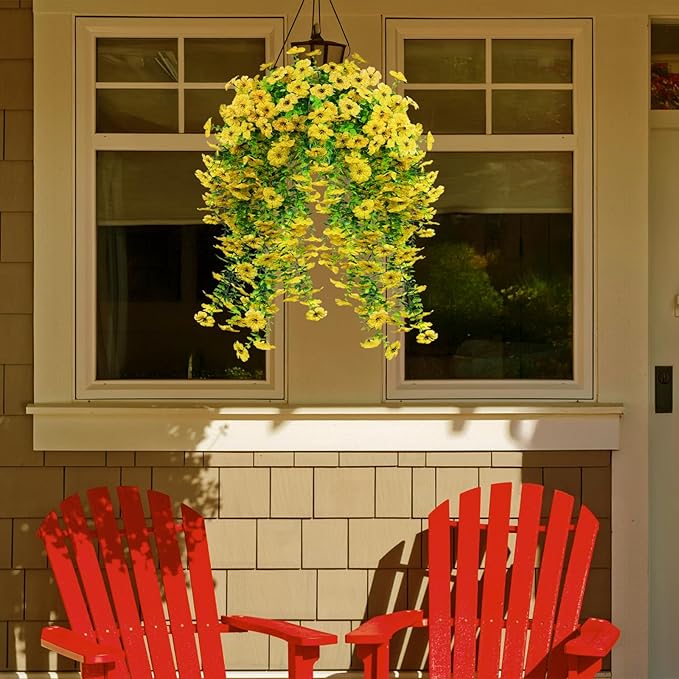 LikSoor 4 Pcs Artificial Outdoor Hanging Plants Spring Summer Decoration UV Resistant Faux Silk Flowers for Outside, Garden, Porch, Window, Home Decor (Yellow)