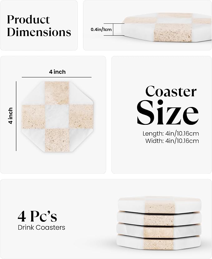 Marble Coasters Set of 4, Travertine & White Matt Handmade 4 inch Star Checkered Stone Coaster, Drink Coasters for Living Room, Trendy Office Desk Accessories & Home Décor