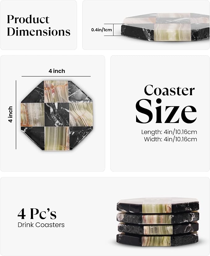 Marble Coasters Set of 4, Zebra Black & Green Handmade 4 inch Star Natural Marble Coaster, Elegant Drink Checkered Coasters for Coffee Table, Stylish Bar Accessories & Home Décor