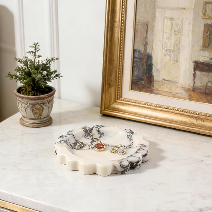 Koville 5.51" Scalloped Calacatta Viola Marble Tray, Round Stone Jewelry Trinket Dish for Ring, Natural Small Marble Tray for Bathroom Kitchen Dresser Countertop, Decorative Candle Tray
