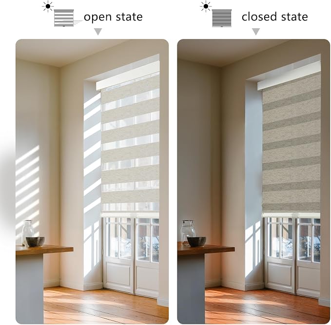 AOSKY Cordless Zebra Blinds for Windows Pull Down Roller Window Shades Dual Layer Light Filtering Privacy for Day and Night, Free-Stop Door Shades for Home Easy to Install Linen Cream 37" W X 72" H
