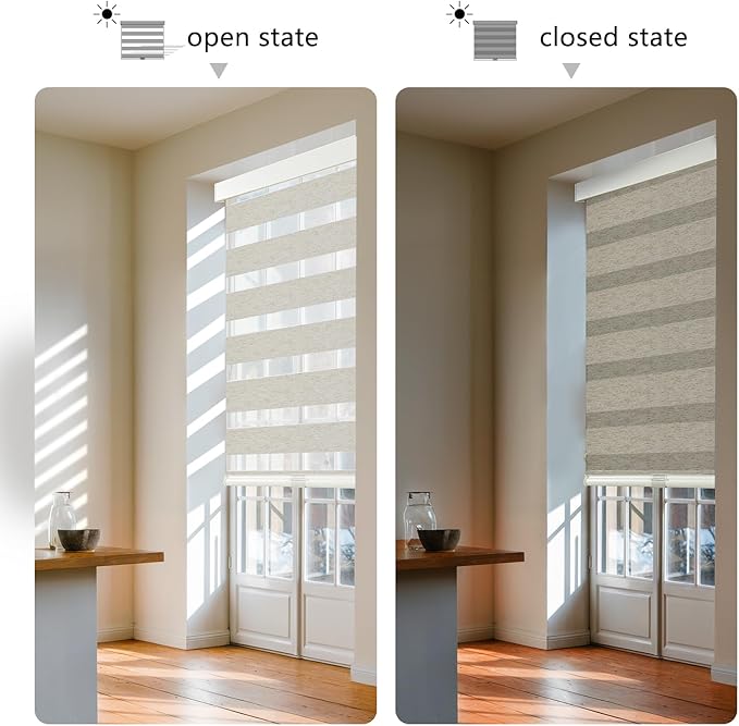 AOSKY Cordless Zebra Blinds for Windows Pull Down Roller Window Shades Dual Layer Light Filtering Privacy for Day and Night, Free-Stop Door Shades for Home Easy to Install Linen Cream 36.5" W X 72" H