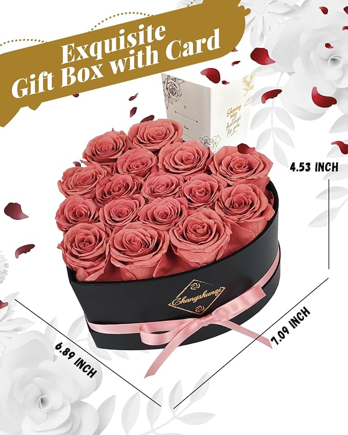 Changshunqi 16 Flowers Forever Preserved Roses in Heart Box, Preserved Flowers Womens Birthday Gifts for Women Mothers Rose Gift for Her Romantic Eternal Real Rose for Women Mom Wife