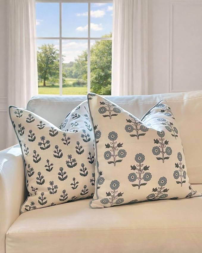 Jillien Harbor "The Beau” Floral Block Print Pillow Cover – Blue Decorative Throw Pillow Cover with White Background – Grandmillennial Home Decor, 20" x 20"