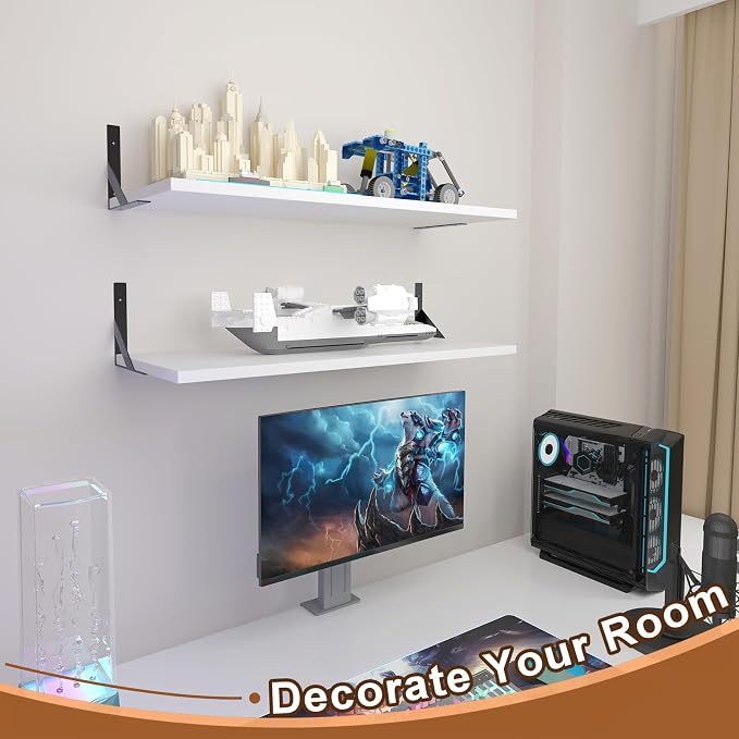 Large Wall Shelves, 31.5" W x 12" D Long Floating Shelves Set of 2, Wide Display Wood Shelf Wall Mounted with Heavy-Duty Metal Brackets for Bedroom Books, Living Room, Kitchen, White