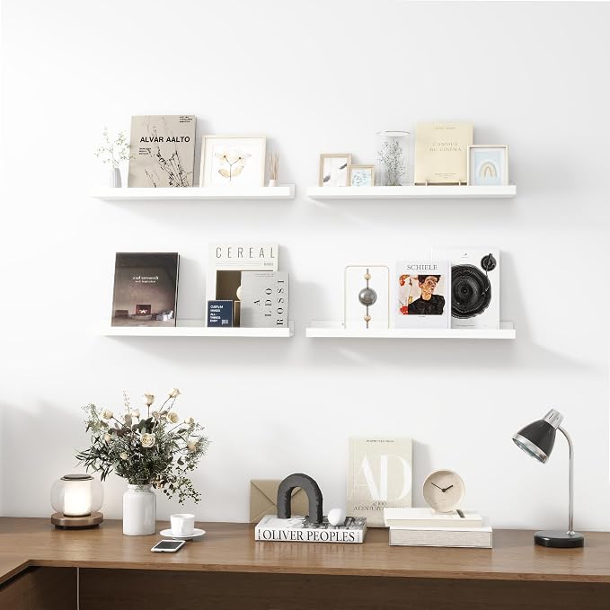 Acovy 24 inch Picture Ledge Shelf, Wood Floating Shelves Set of 4, White | Wall Mounted, For Living Room Kids' Room Bedroom, Photo Ledge Nursery Book Shelves