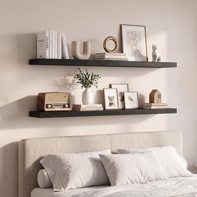 Vivelove Black Floating Shelves for Wall with Invisible Brackets, 48 Inch Floating Shelves for Under TV Over Fireplace Bedroom Living Room Office, 48”X 8”X 1.4", Set of 2 - Black
