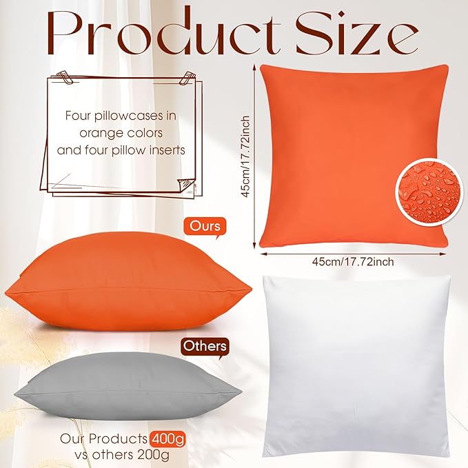 Colingmill 4 Set Waterproof Orange Outdoor Throw Pillow Covers with 4 Pillow Inserts 18x18 Inch Decorative Waterproof Throw Cushion for Sofa Couch Home Patio