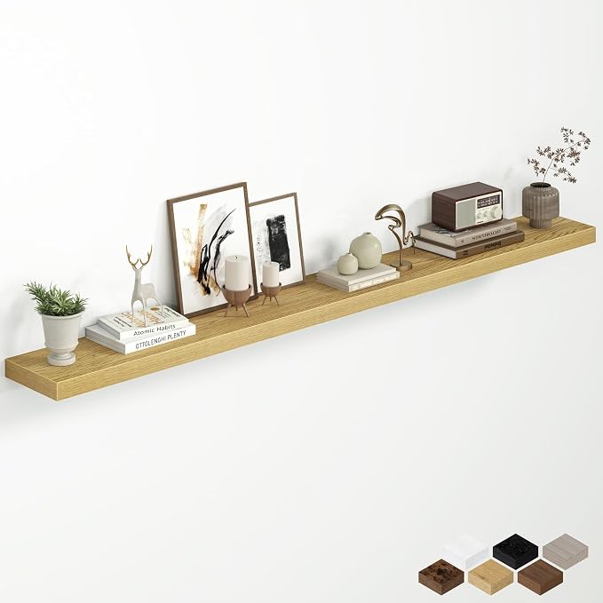 Fun Memories 67 Inch Floating Shelves for Wall, 8 Inch Deep Wall Mounted Wood Shelves with Invisible Brackets for Bathroom, Bedroom & Kitchen Storage Decor, Oak, 1 Pack