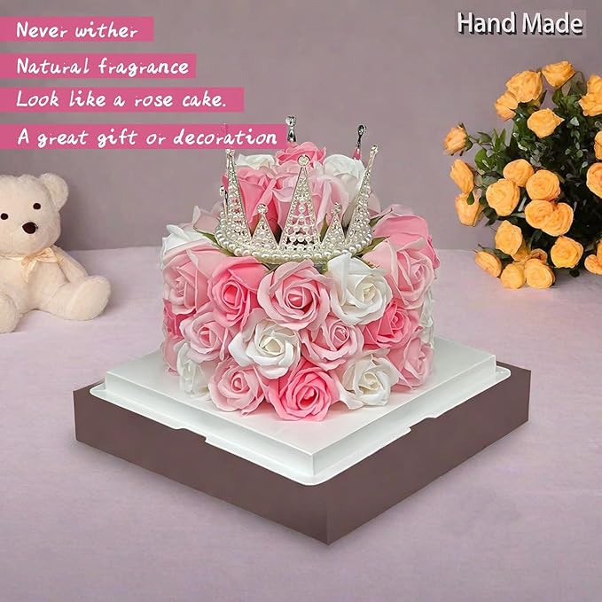 EIGHTOWN Forever Cake with Pink Preserved Flowers - Bouquet Preserved Roses for Women - Birthday Gift for Her with Crown (Pink)
