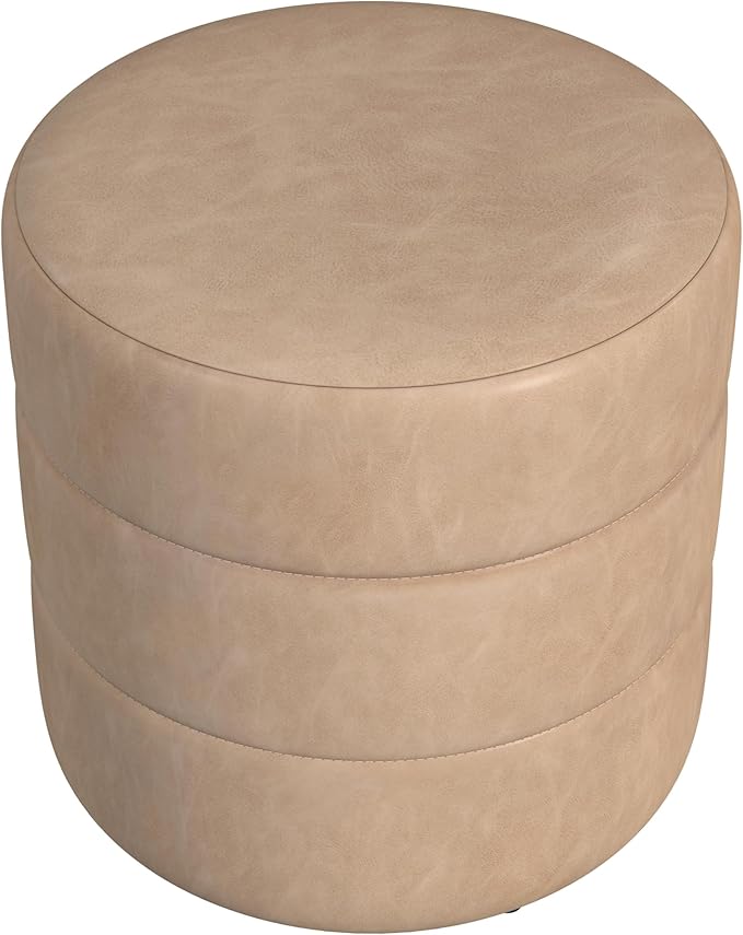 HomePop Upholstered Faux Leather Round Ottoman (No Lid, Seat Only) | HomePop Home Décor | Round Pouf Foot Rest – Sand Faux Leather