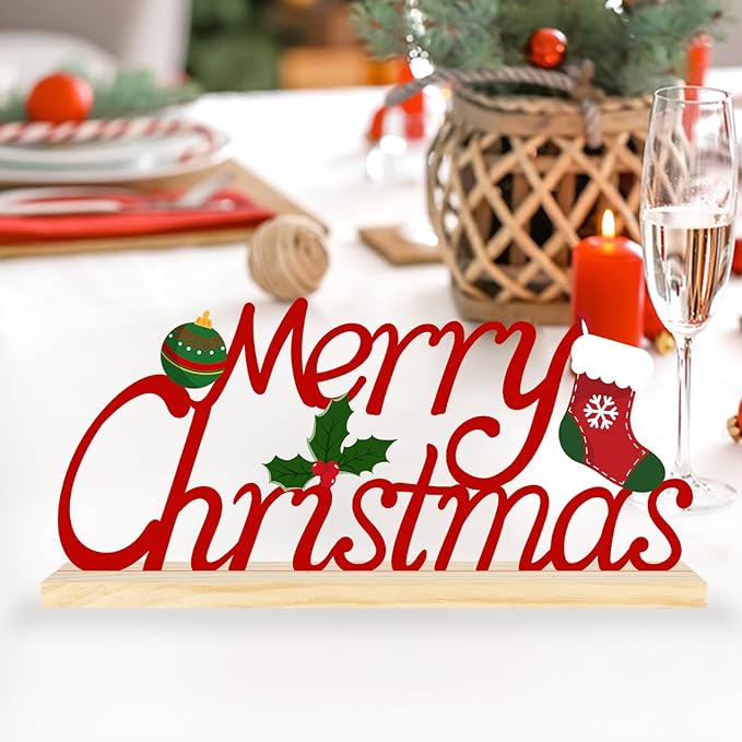 Metal Tabletop Decoration with Wood Base, Holiday Decorations for Home, Office, Shelf, Mantel, Indoor, Xmas Centerpiece Sign for Party Supplies