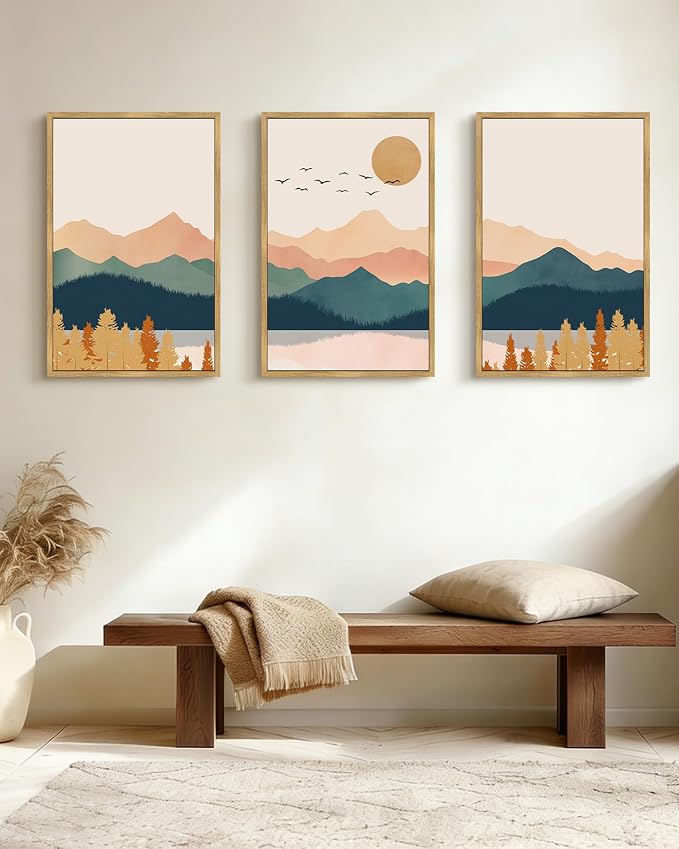 PHOPAGO Mountain Range Landscape Large 16x24in Framed Wall Art Watercolor Nature Laker Paints Boho Sun Rises Rustic Room Decor for Living Room Farmhouse - Natural Framed