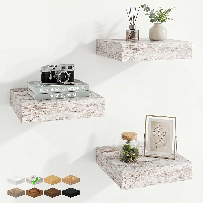 Square Floating Shelves for Wall, 8" W x 8" D x 1.25" H, 3 Pack Small Wall Mounted Engineered Wood Shelves with Invisible Brackets for Living Room, Bedroom, Bathroom, Kitchen Decor,Vintage White