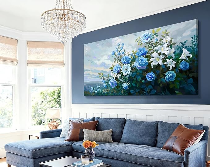 Nicetop Extra Large Floral Canvas Art for Living Room – Elegant Botanical Wall Picture with White Lilies, Blue Roses & Green Leaves – Horizontal Nature Artwork for Bedroom, Office, Kitchen, 58x29 Inch