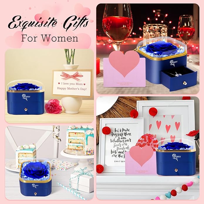 Valentines Day Gifts for Her - Preserved Real Blue Rose with Heart Necklace, Forever Flowers Gifts for Mom Grandma Wife Girlfriend at Christmas, Valentines, Mothers Day, Anniversary or Birthday Gifts for Women to Send Love