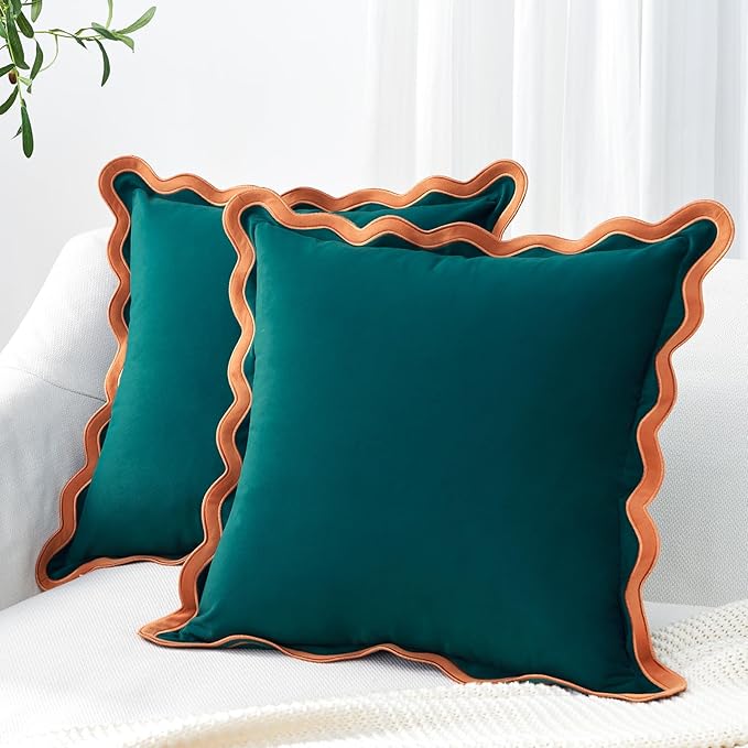 MONDAY MOOSE Decorative Throw Pillow Covers Cushion Cases, Set of 2 Soft Velvet Scalloped Wavy Edge Designs, Mix and Match for Home Decor, Pillow Inserts Not Included (16x16 inch, Coral/Dark Teal)