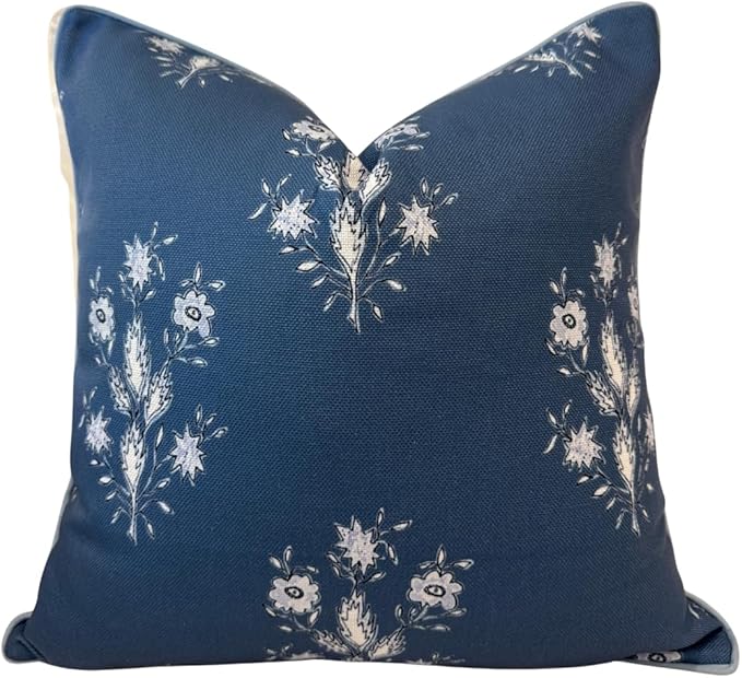 Jillien Harbor “The Norfolk” Dark Blue & White Floral Block Print Pillow Cover – Dark Blue Decorative Throw Pillow Cover – Grandmillennial Home Decor, 20" x 20"
