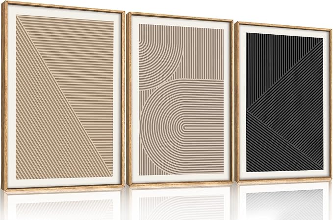 HPNIUB Abstract Neutral Framed Wall Art Set,Mid Century Modern Wall Decor,Boho Geometric Line Art Print,Beige Minimalist Textured Artwork for Living Room, Bedroom,Office-16''x24''x3