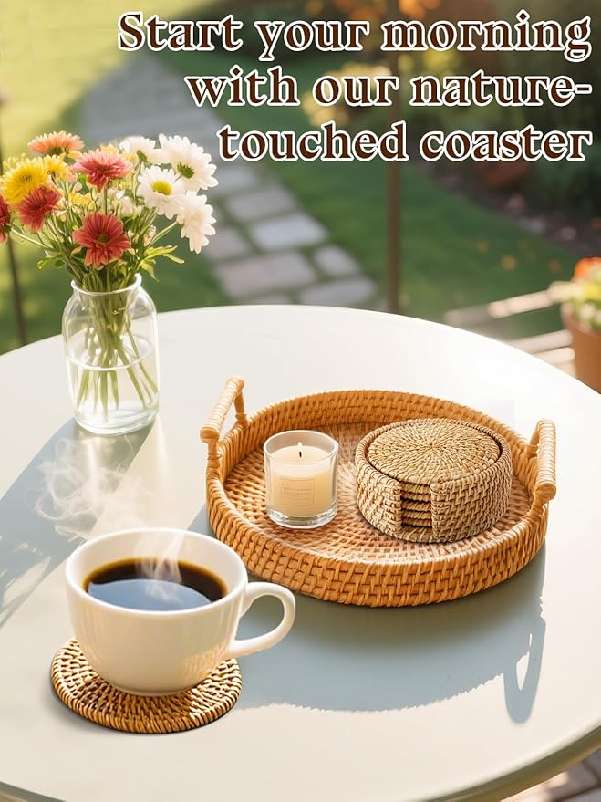 6pcs Natural Handmade Rattan Coasters with Holder - Wicker Drink Coasters Set for Protecting Table, Housewarming Gifts Boho Home Coastal Decor