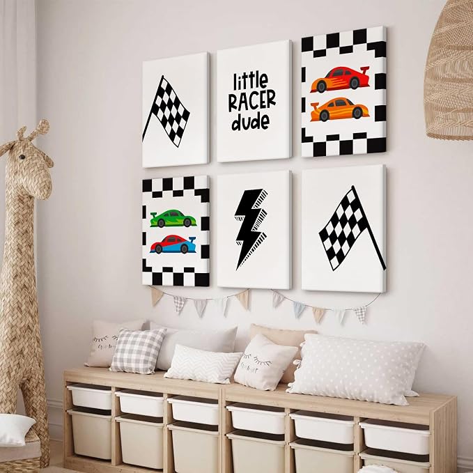Race Car Wall Art Pictures Boys Room Wall Decor Nursery Toddler Canvas Wall Art Kids Playroom Art Prints Boys Race Car Poster Nursery Artwork Set of 6 for Bedroom 12x16 Inch Framed
