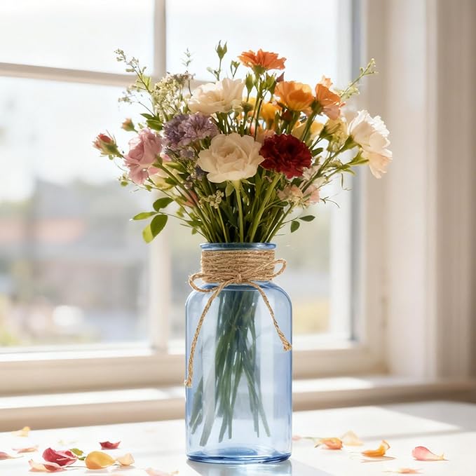 Vintage Glass Flower Vase, Farmhouse Glass Centerpiece Vases Mason Jars for Weddings, Parties & Home Decor Bulk (6, Blue)