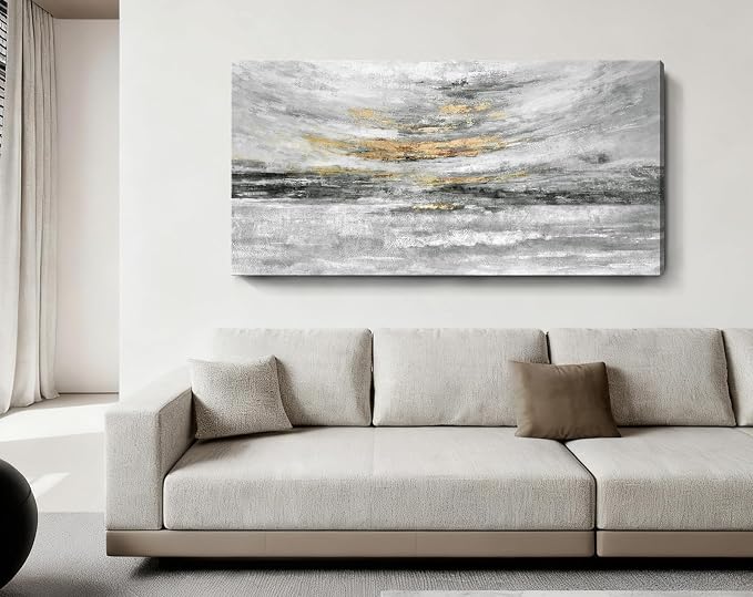 Nicetop Large 48x24 Inch Black White Gold Abstract Canvas Wall Art, Modern Coastal Ocean Art, Minimalist Wall Decor Ready to Hang for Living Room Bedroom Bathroom Office