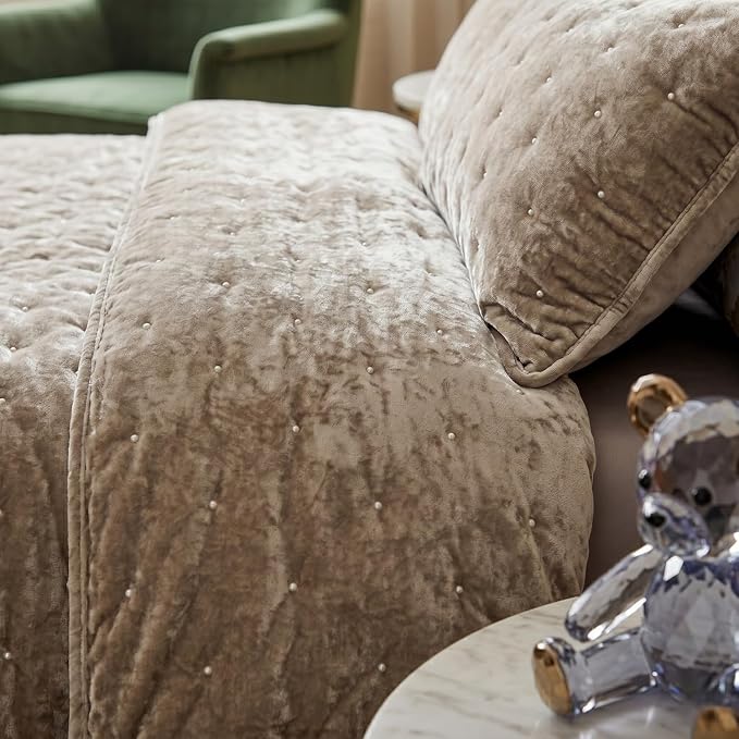 Tache Velvet Dreams Luxurious Velveteen Velour Super Soft Plush Warm Cozy Diamond Tufted Polka Dot Quilted Coverlet Tan Beige Neutral Bedspread Set, Queen