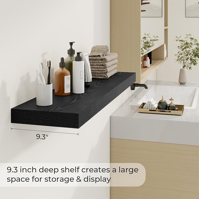 Dreamland 40Inch Black Floating Shelves 9.3" Deep Wall Mounted Set of 2 | Wall shelves for bathroom, bedroom, Living Room, kitchen, deep wall mount wood storage display for home decor 40" x 9.3"