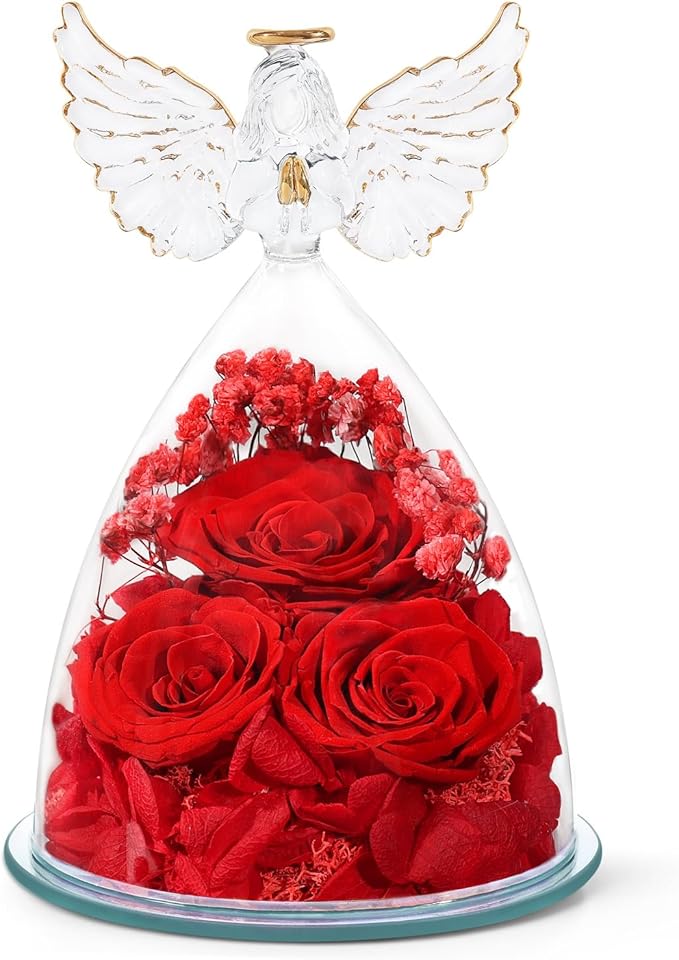 Flowers for Delivery Birthday Gifts for Women Gifts for Mom Grandma Mothers Day Fresh Preserved Flowers Forever Real Roses in Glass Angel Figurines Anniversary Present for Wife Her Friends Daughter